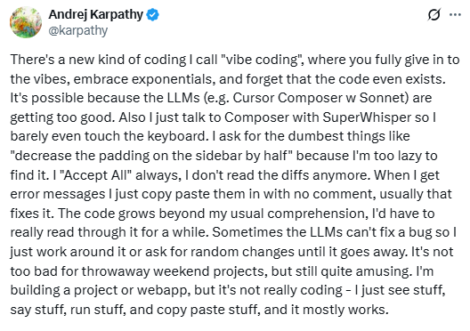 Andrei Karpathy vibe coding haqida